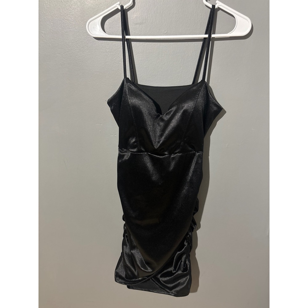 SHEIN Black Satin Ruched Bodycon Mini Dress Sweetheart Neck Wrap Hem Size M